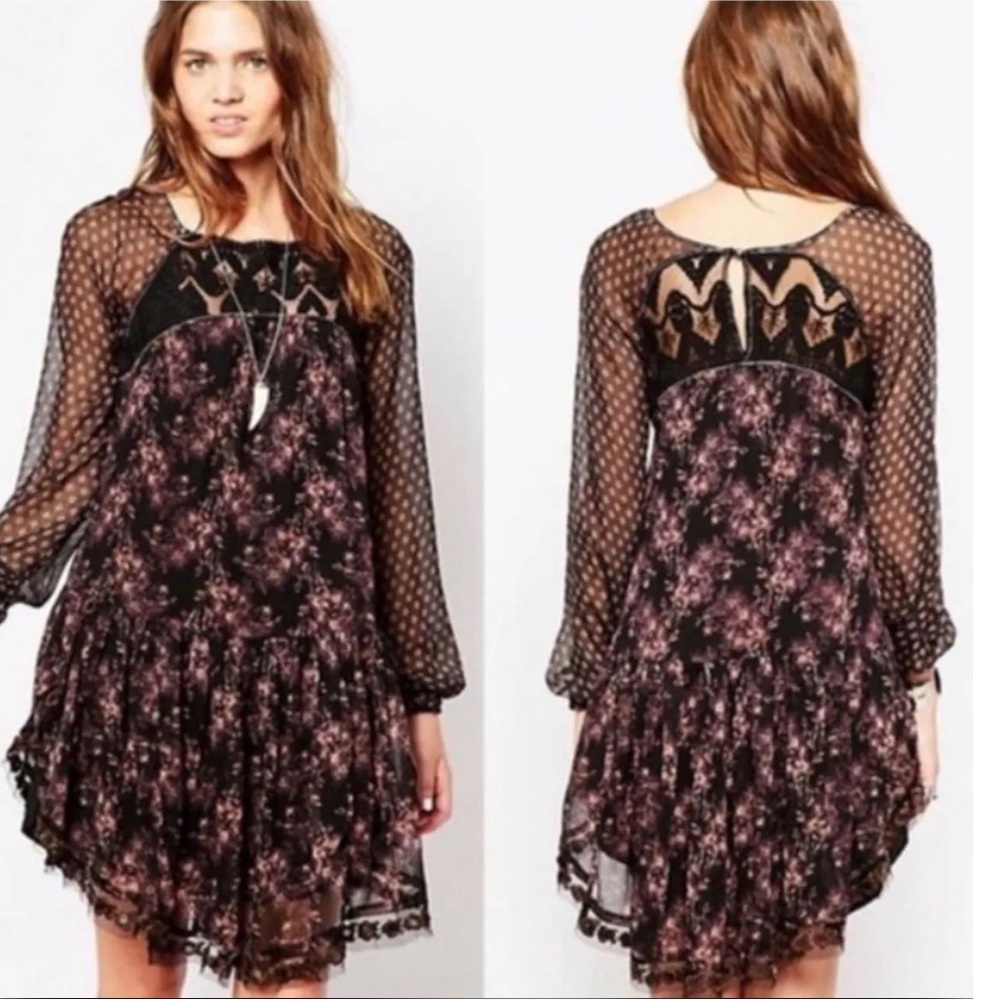 Free People Elsie Midnight Garden Floral Lace Square Neck Sequined Dress Size XS